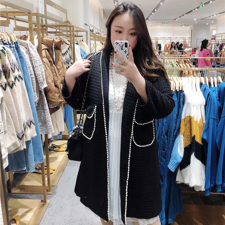 【钻石家大码】轻奢串珠格纹胖mm毛呢大衣外套  DY1901