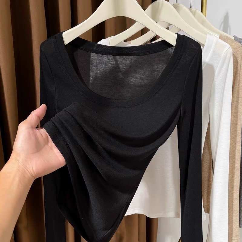 黑色针织打底衫女春秋小香风内搭低圆领长袖T恤修身显瘦薄款上衣