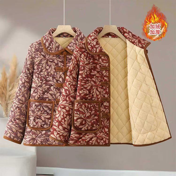 2026冬季新款盘扣加绒棉衣百搭印花小棉袄国风气质外套棉袄妈妈装