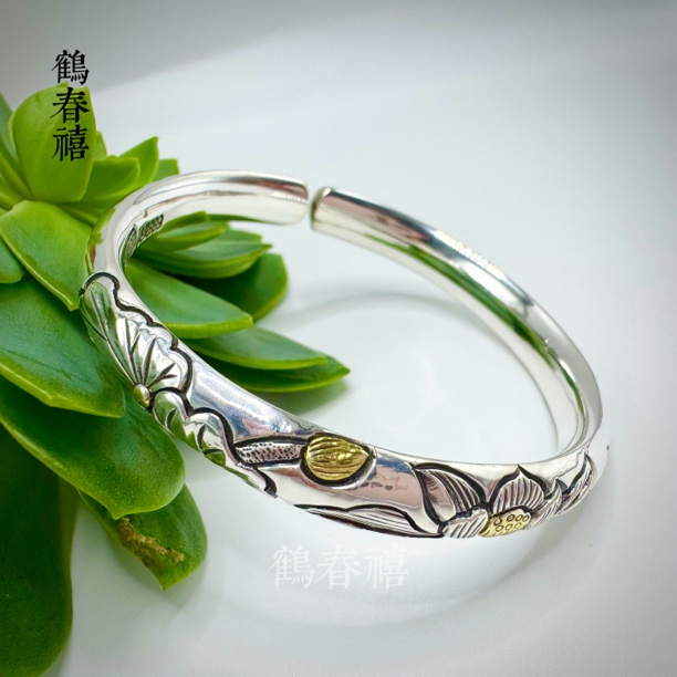 足银手镯 芙渠莲花 足银999全手工錾刻金银错复古精工开口镯