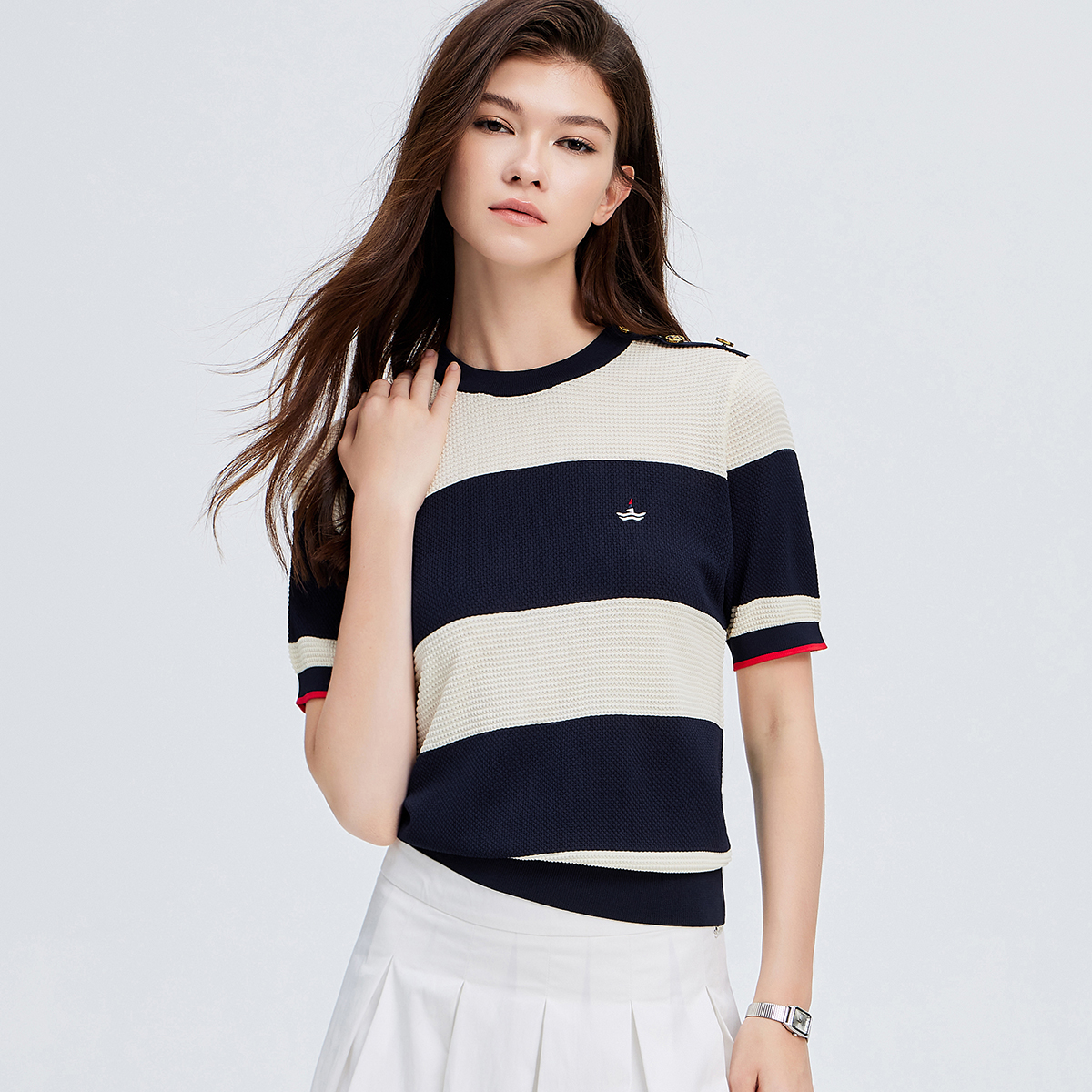 navigare意大利小帆船夏季撞色宽条纹短袖T恤女提花肌理针织上衣