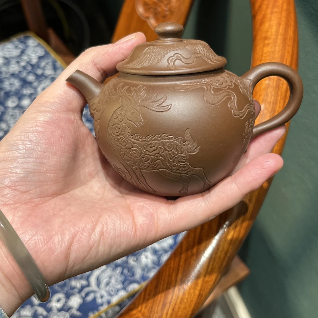 宜兴紫砂壶紫泥秋水壶170cc半手工石古堂刻绘浮雕仙鹤小鹿