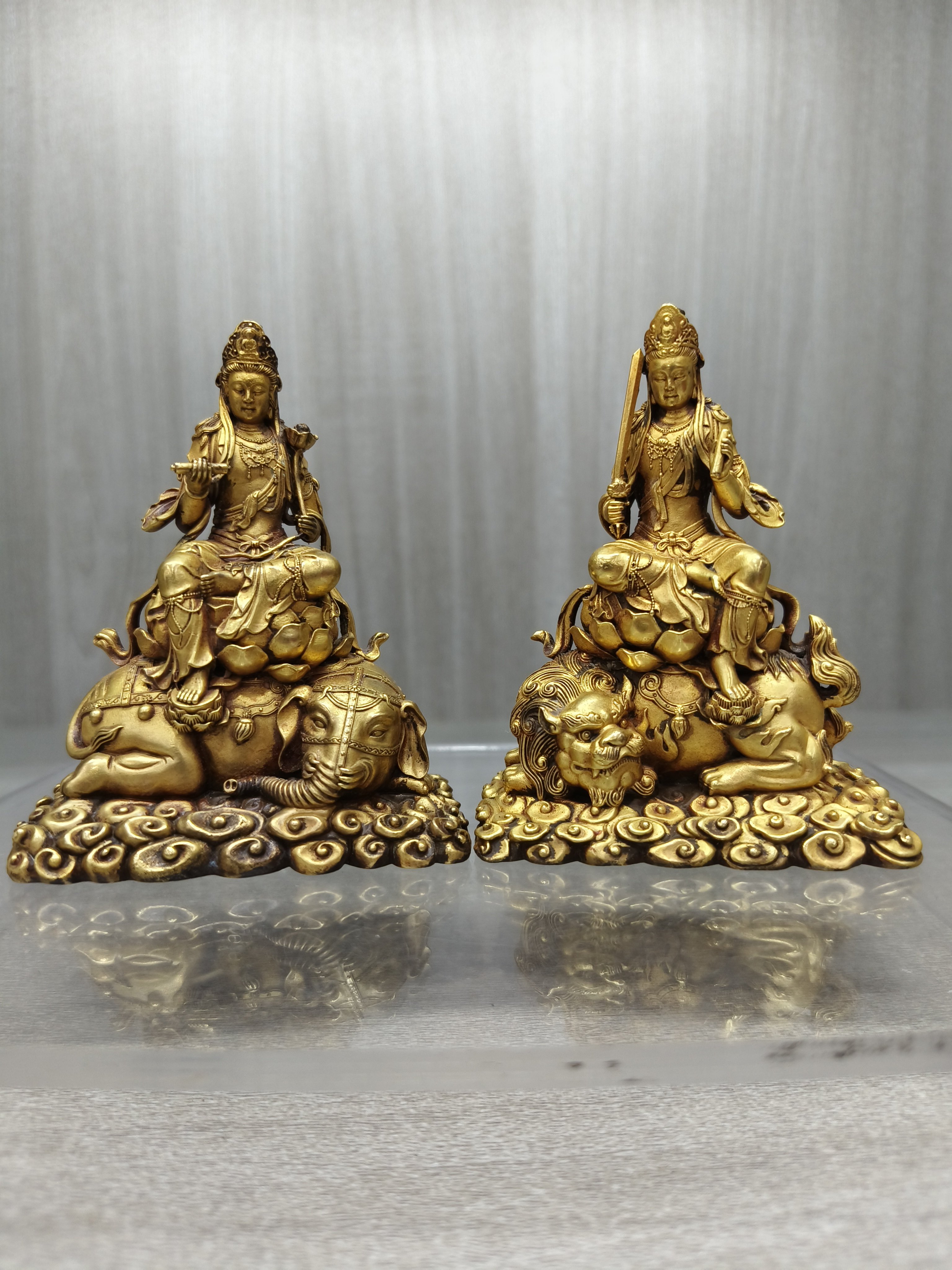 精铸紫铜鎏金文殊/普贤 高9.5cm