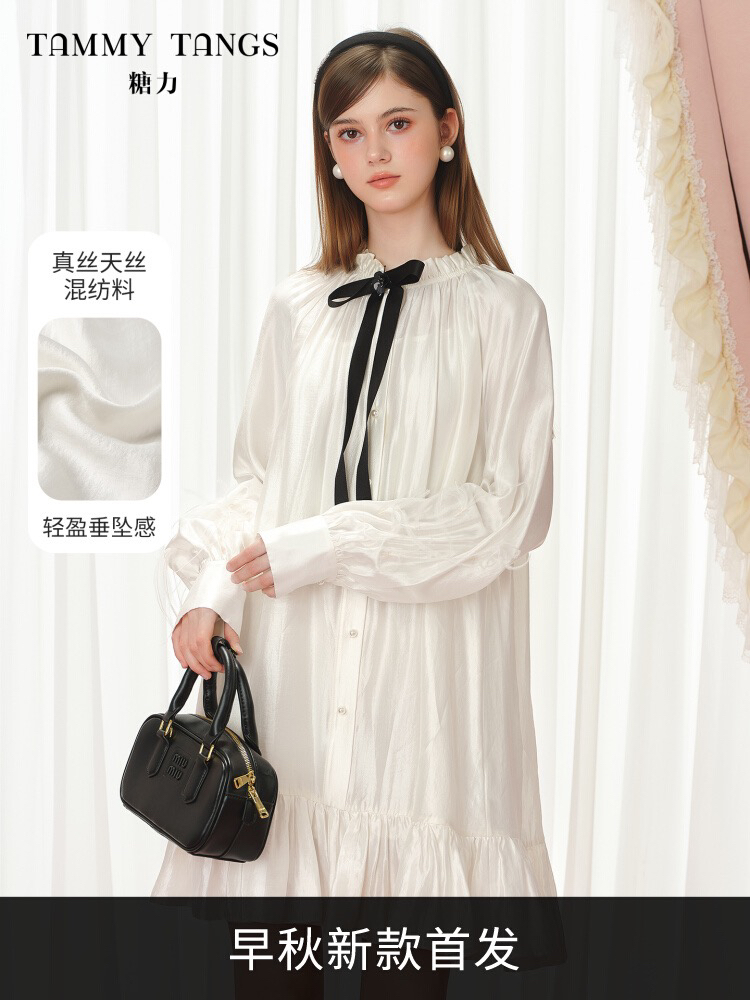 商场同款糖力 月光仙女裙2025秋新款长袖混纺衬衫连衣裙