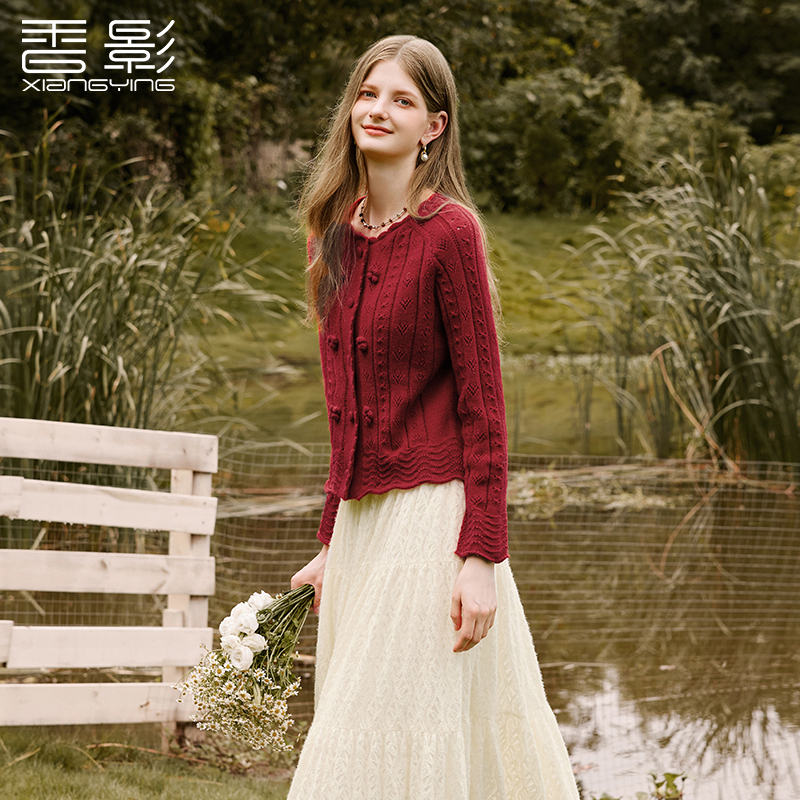 【直播专享】M75W588针织衫 香影挑洞提花针织开衫女冬季新款立体