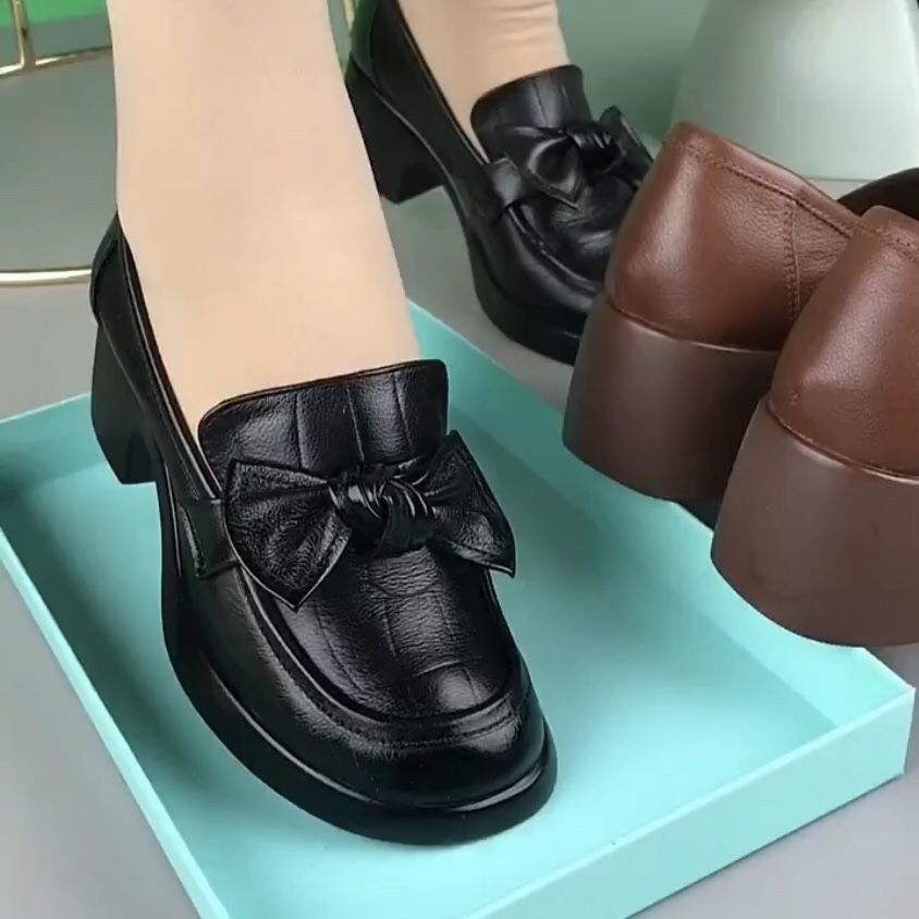 真软皮女单鞋2025春夏新款中粗一体跟圆头蝴蝶结休闲妈妈乐福鞋潮