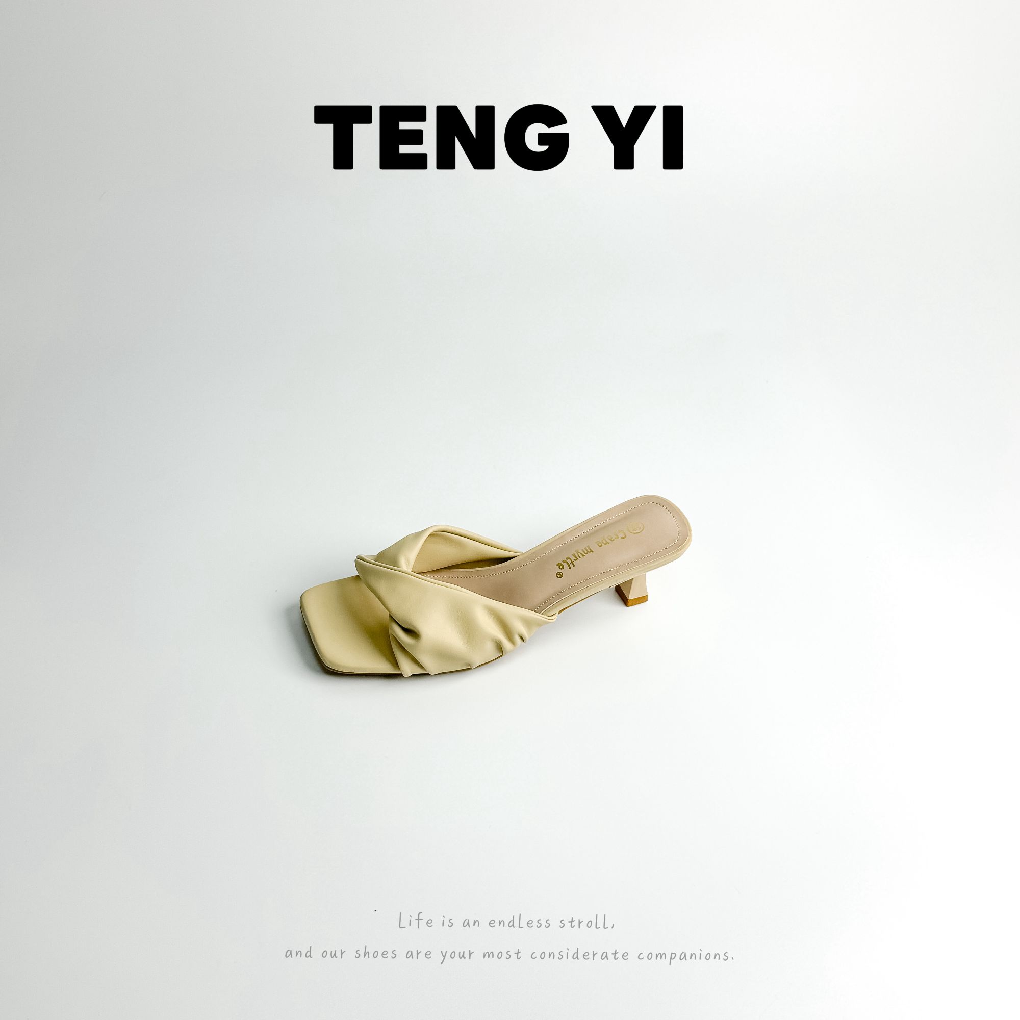 TENG YI【设计线新品】法式方头褶皱一字带穆勒高跟凉拖外穿半拖