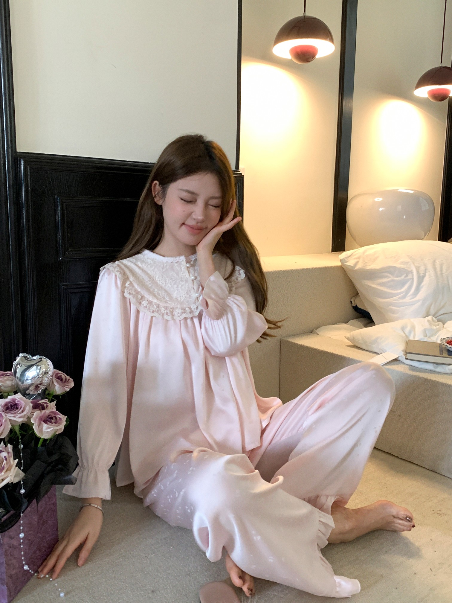 冰丝绸贡缎水光春秋宽松甜美高级氛围感长袖长裤睡衣套装家居服