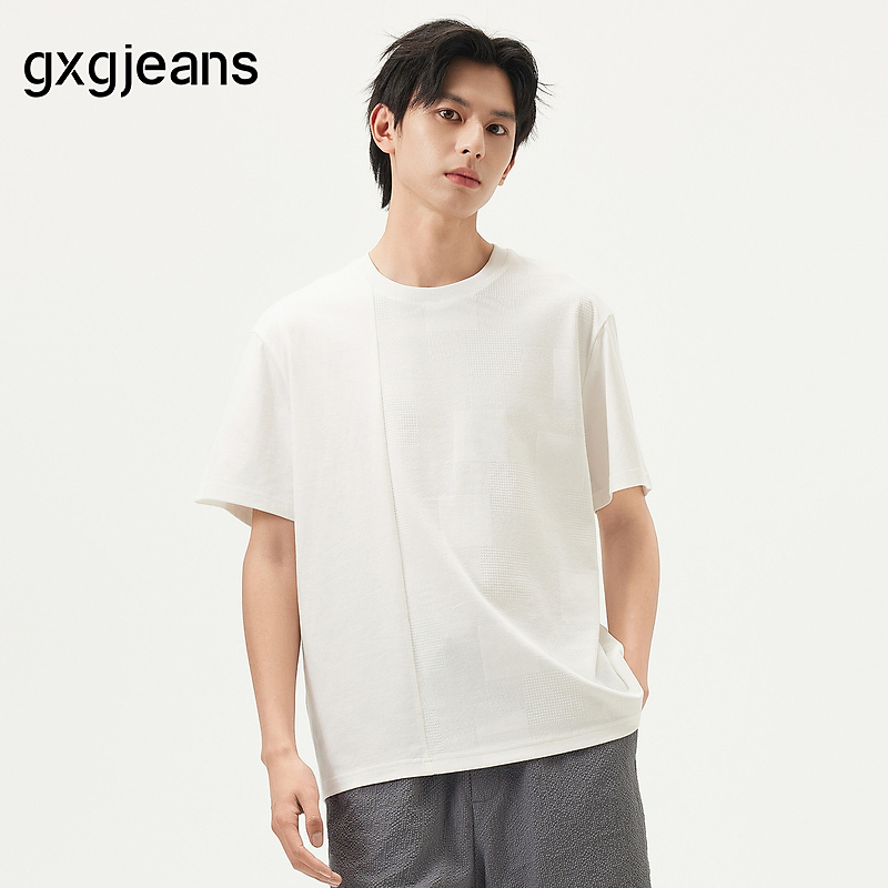 gxg.jeans男装 白色拼接肌理简约休闲圆领短袖T恤男士 25夏新品
