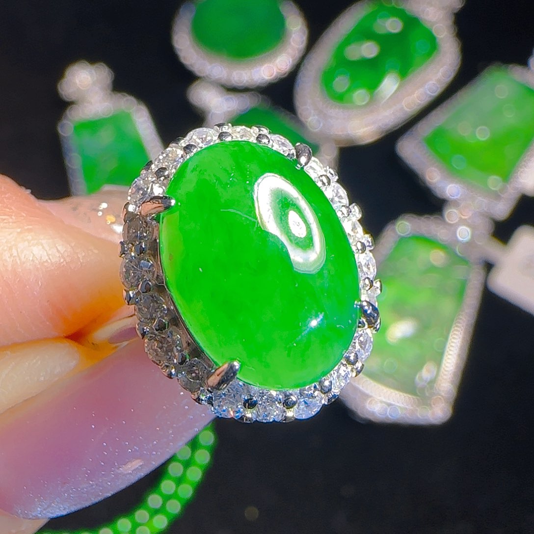 翡翠戒指银S925镶嵌天然