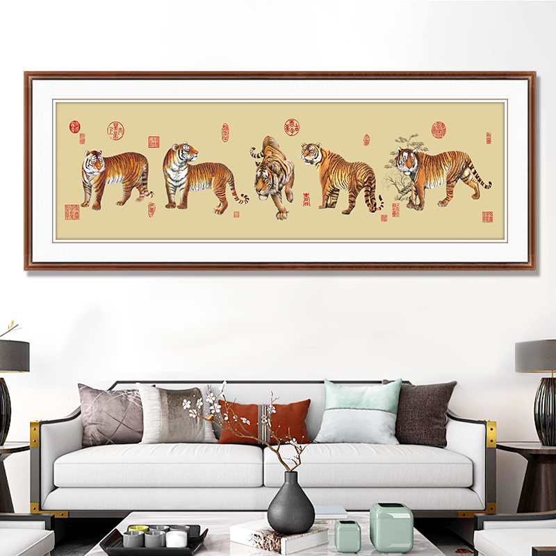 五虎图十字绣线绣新款客厅国画名画老虎图大气大幅动物五福