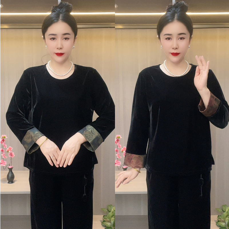 8656新款秋季时尚圆领长袖中老年小衫打底衫极简高贵洋气妈妈装
