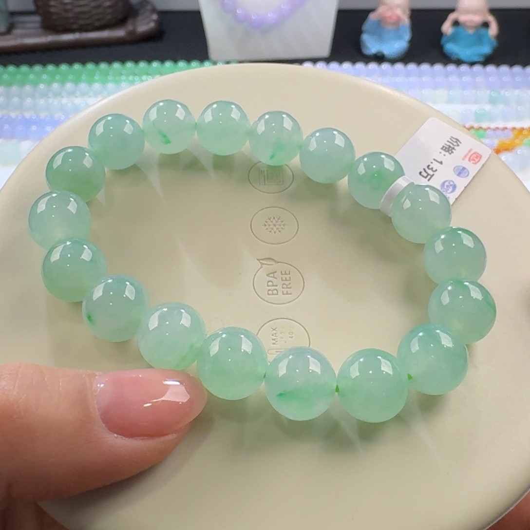 翡翠手链未镶嵌力推薄荷蓝绿色系飘金丝绿单圈10mm