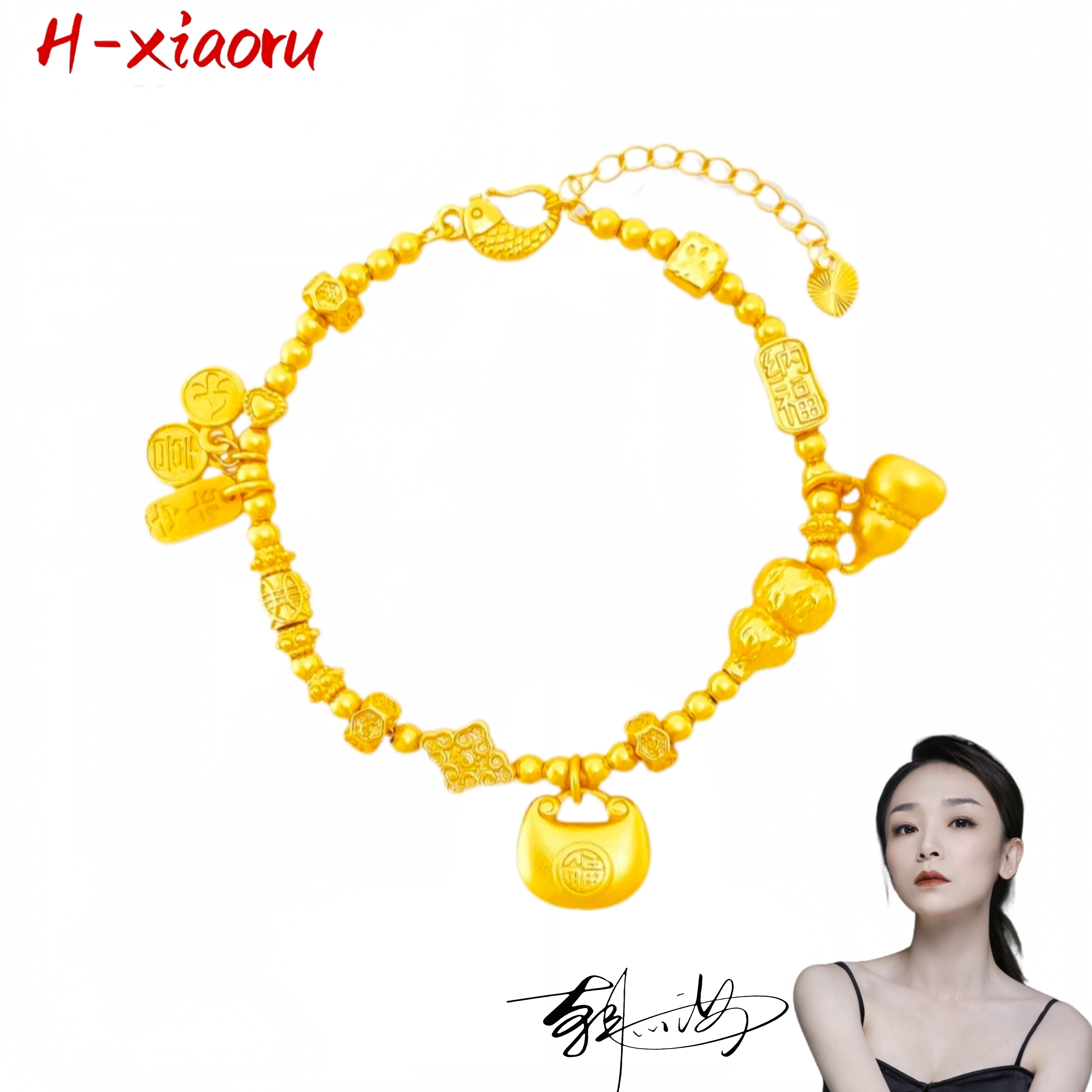 铜合金手链  小胖福手链葫芦锤纹工艺 平安喜乐女士古法 金色