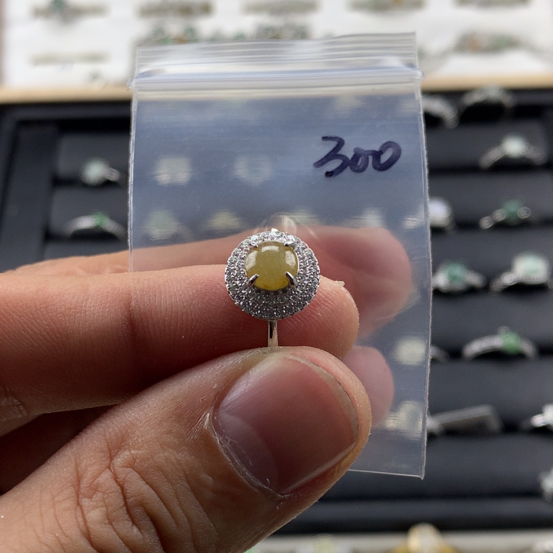 翡翠银S925镀金镶嵌戒指300