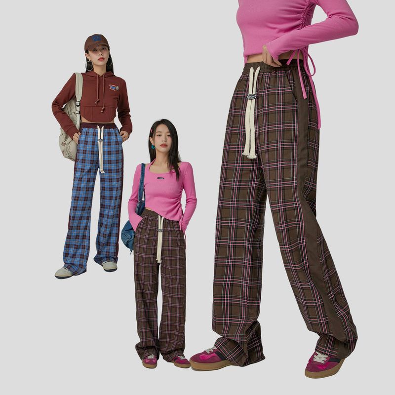 001V【金拐子专属】CHUU格子撞色设计抽绳宽松阔腿休闲裤-F