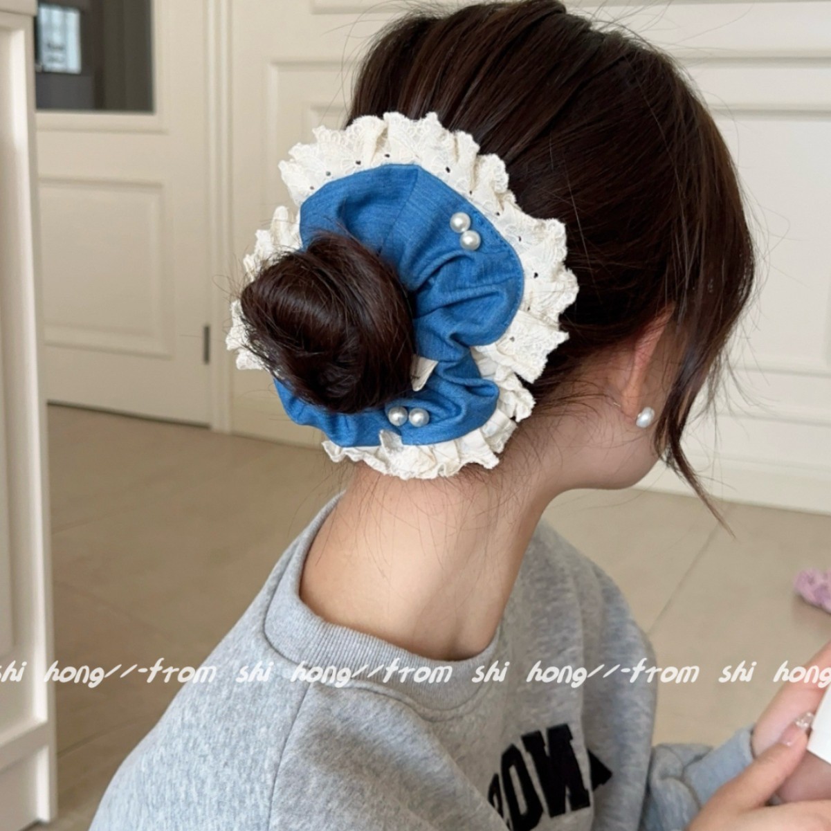 韩版丹宁蓝色结牛仔色大肠发圈女高级感扎低马尾方形头绳发饰