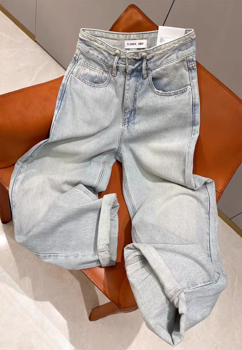 SU【066】花501 愫莉  梨形身材显瘦！浅蓝色宽松磨破牛仔阔腿老爹裤