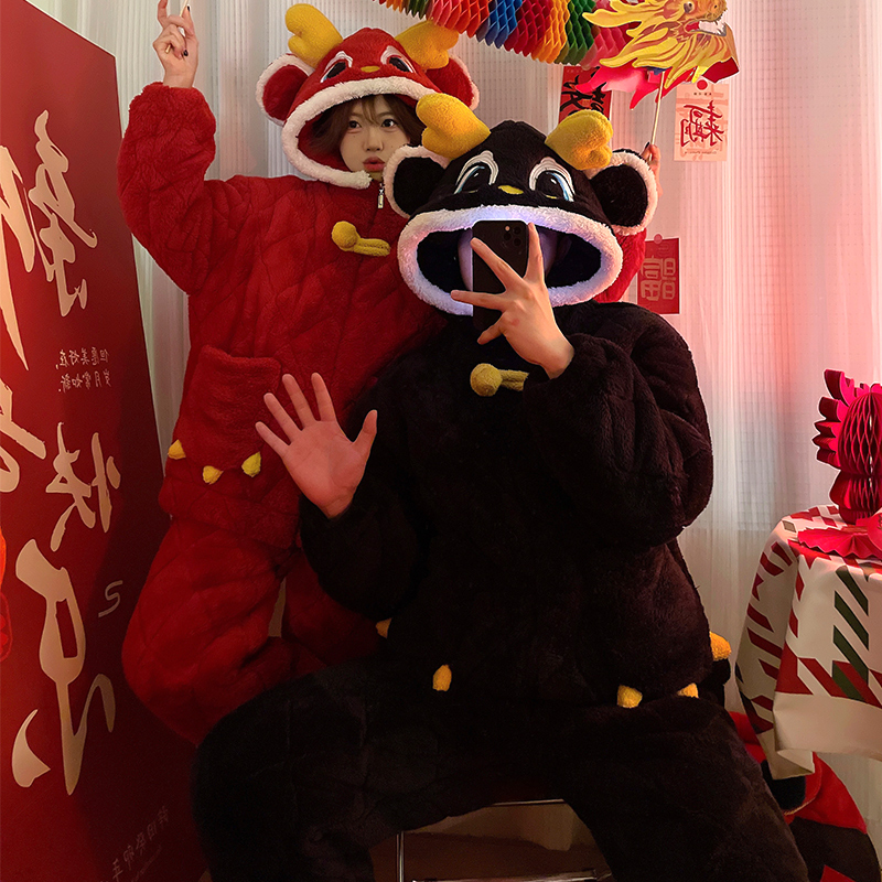 【圣诞专属】红色情侣睡衣女秋冬珊瑚绒加厚三层夹棉男士连帽家居服