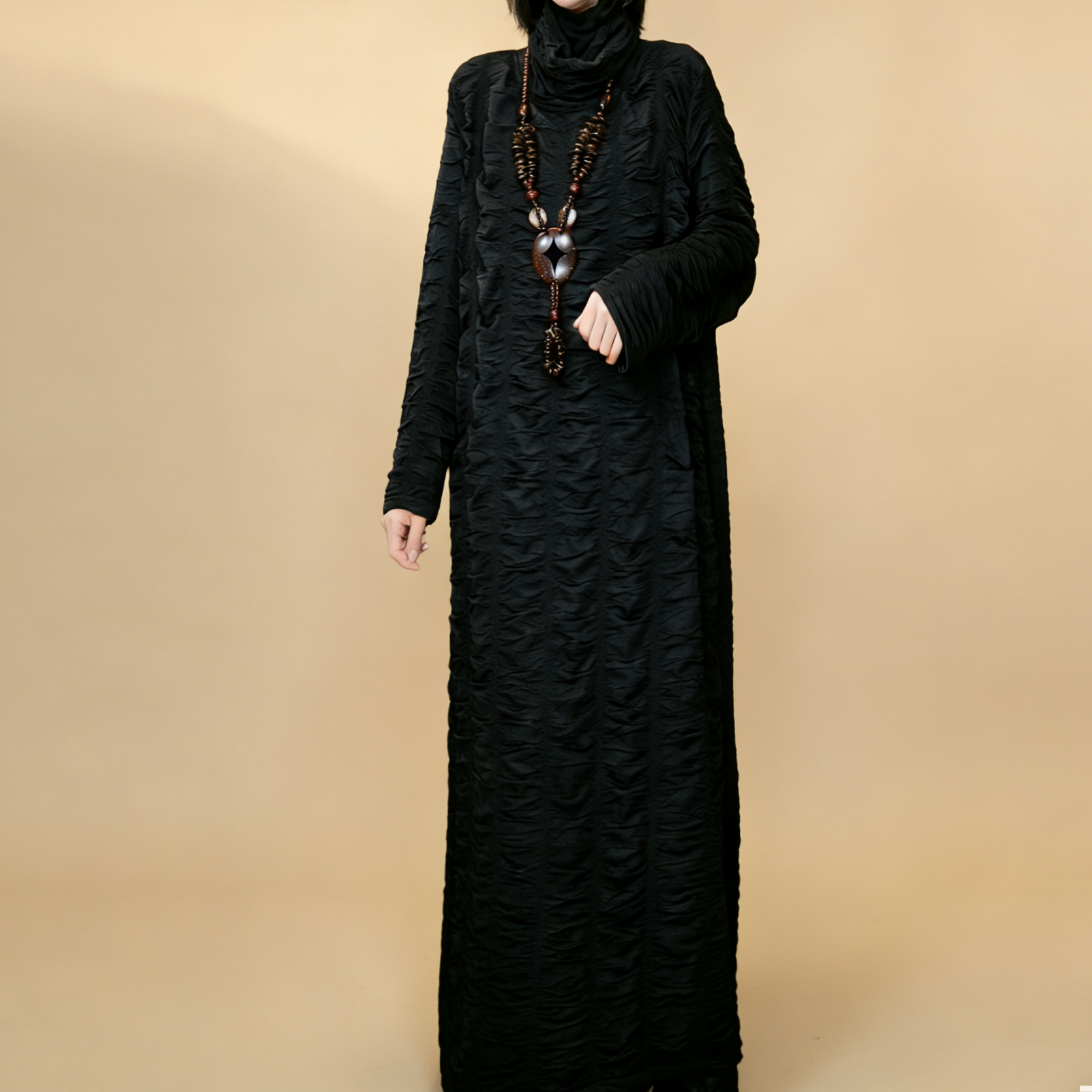 【654】百搭黑色堆堆领简约时尚打底连衣裙