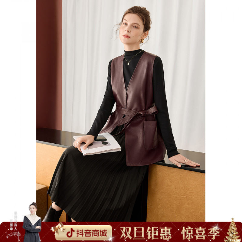 她池2025秋装新款女时尚套装V领马夹搭长袖连衣裙两件套T53Z3315N