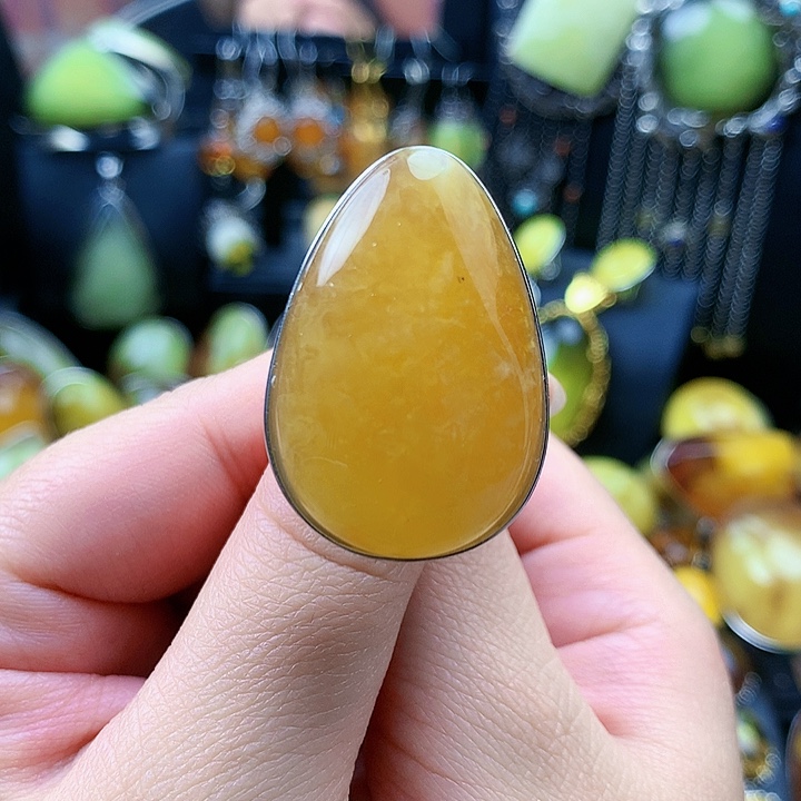 琥珀裸石银S925镶嵌戒指