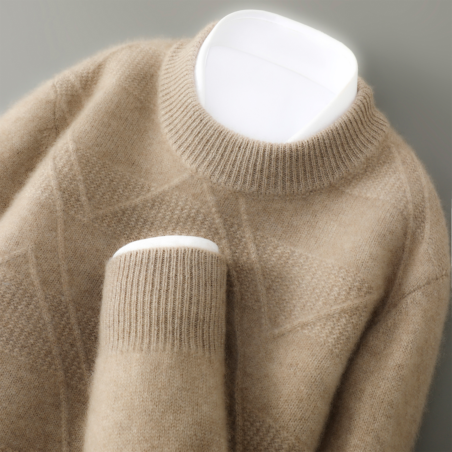 纯羊毛衫男士圆领菱形提花休闲套头毛衣商务宽松针织内搭打底上衣