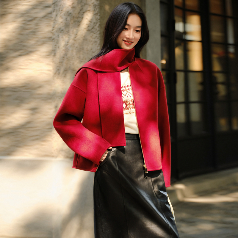 EP雅莹新款女装 100%纯羊毛可拆卸围巾夹克毛呢外套茧型1511A