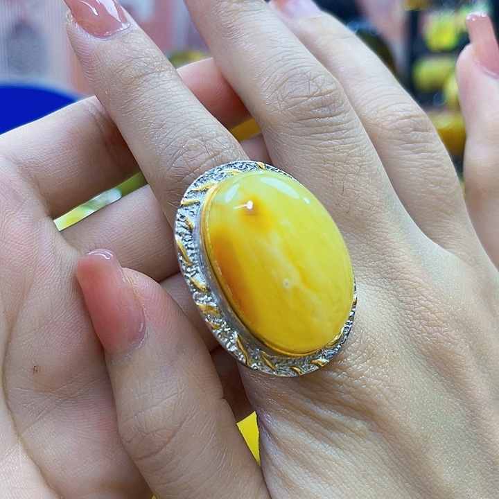 琥珀银S925镶嵌颈饰戒指