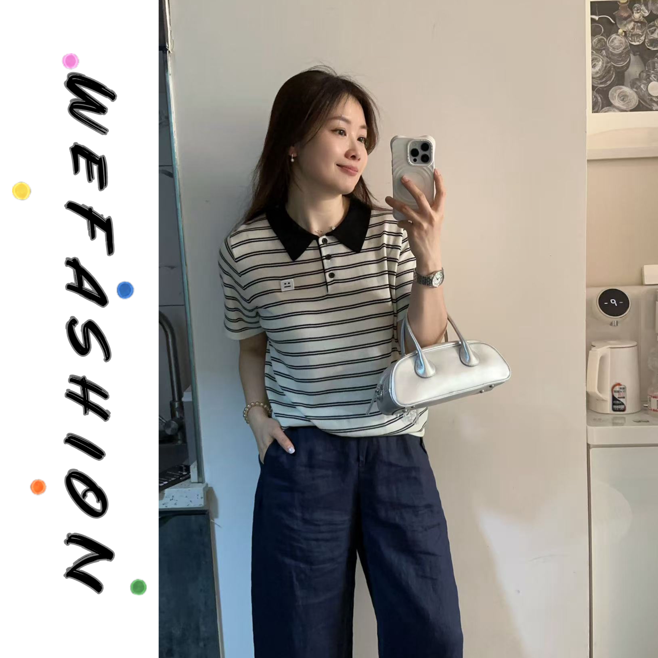 【WE】夏日清凉~白色条纹撞色POLO领薄款针织(冷水手洗）