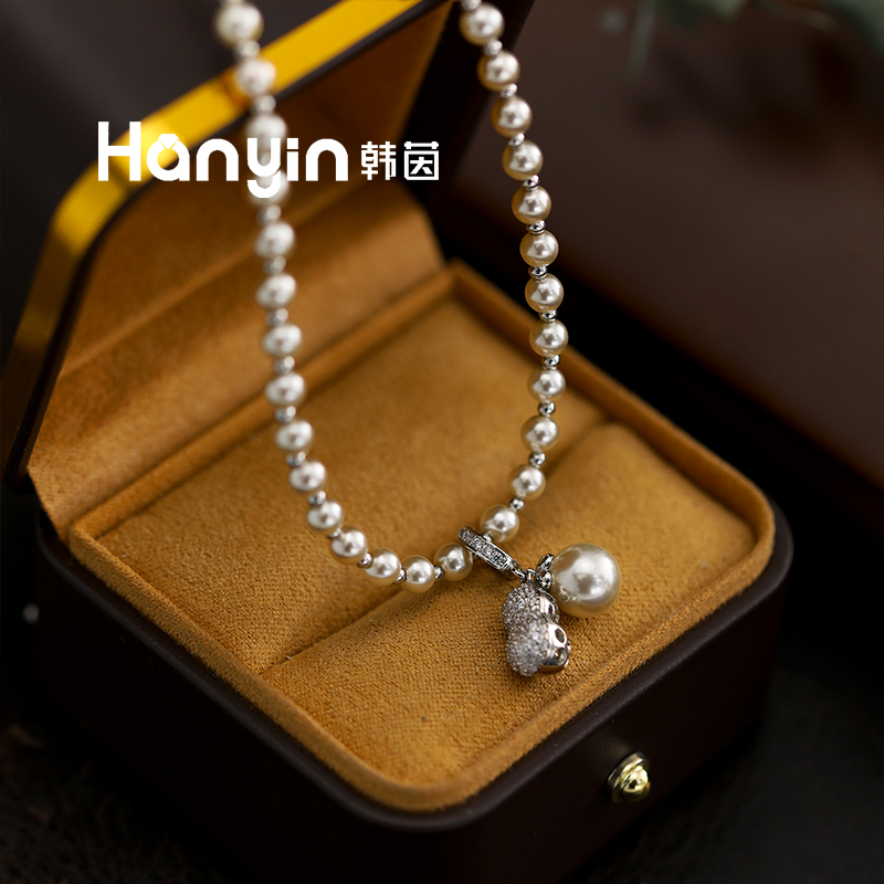 铜合金仿珍珠项链 8/4mm韩国进口摩卡慕斯珠好事花生微镶花生项链