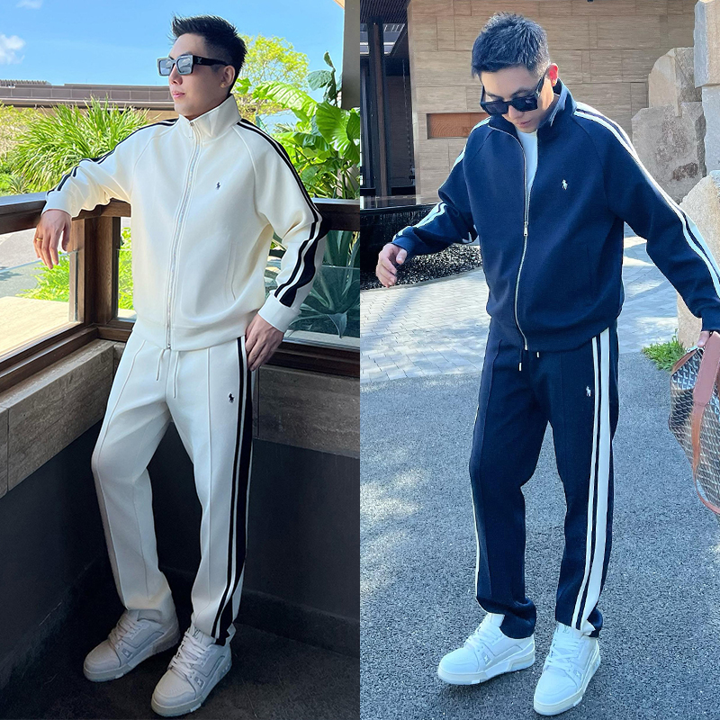 秋季男士潮流条纹织带运动套装青年痞帅百搭立领外套直筒裤两件套