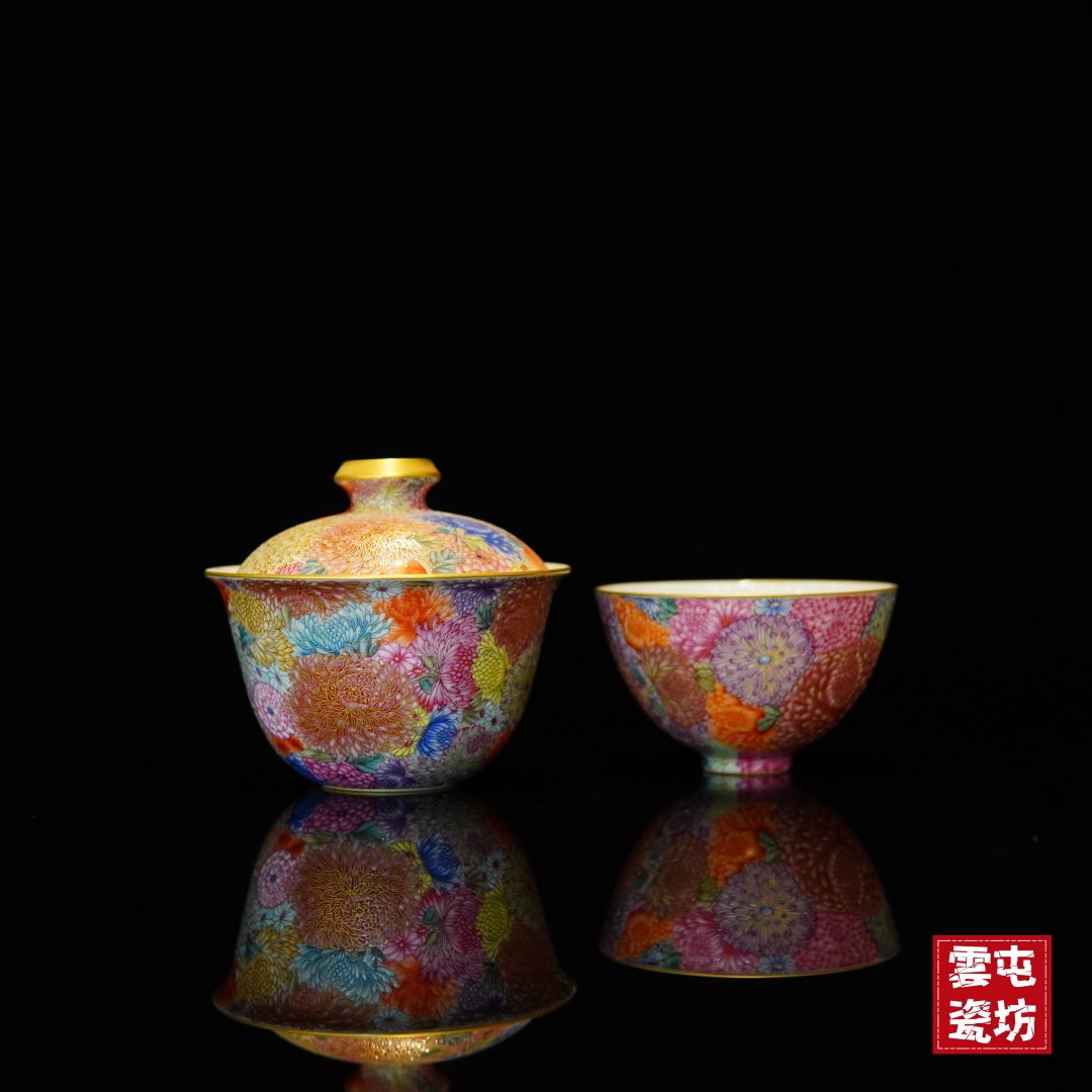 景德镇手工陶瓷茶器家用茶具盖碗精品重工万菊珐琅彩鎏金主人杯