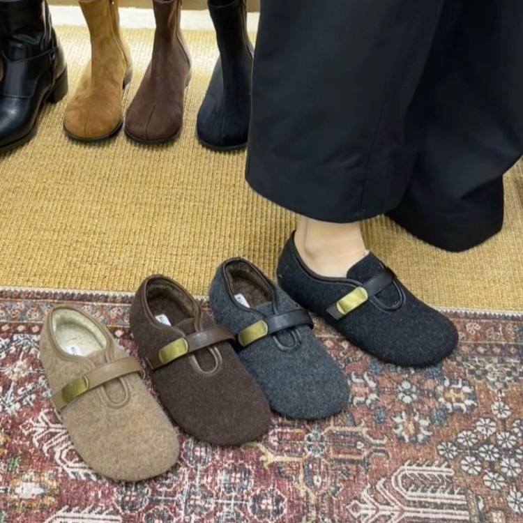 纯色冬季保暖毛呢秋冬胶粘豆豆鞋单鞋女鞋舒适低帮