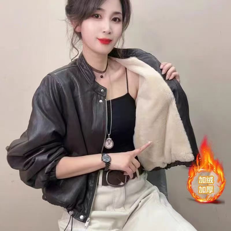 【阿桂家】8826短款立领皮衣加棉女皮夹克韩版时尚
