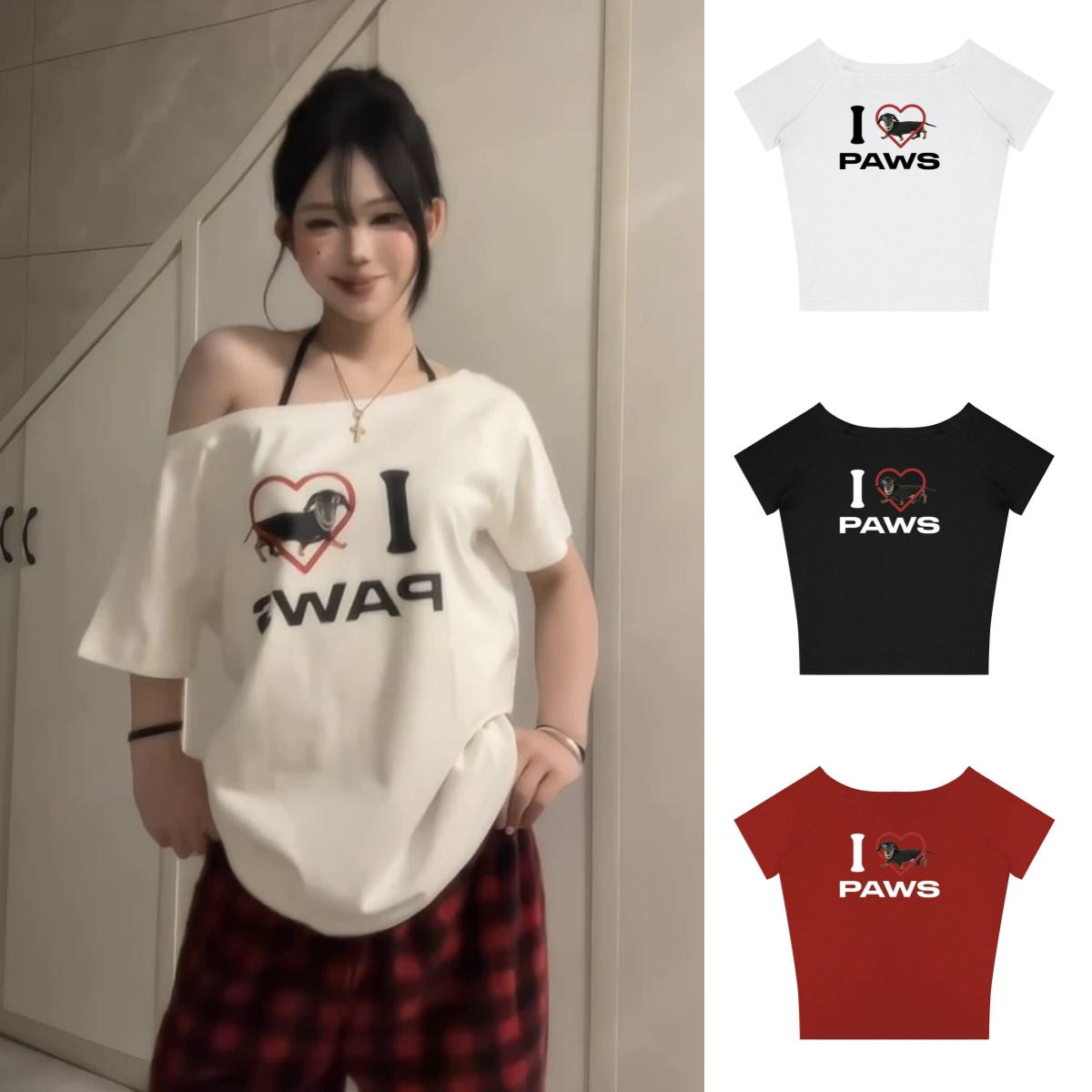 白色露肩美式辣妹斜肩短袖t恤女夏季宽松慵懒风纯欲半袖别致上衣