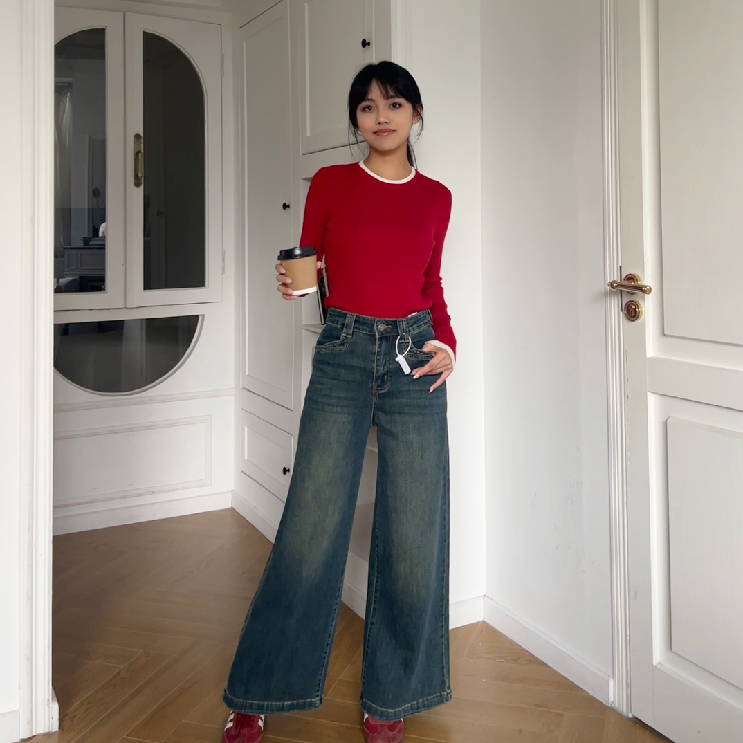 新款秋季复古蓝A版阔腿牛仔裤女显瘦直筒拖地裤7339