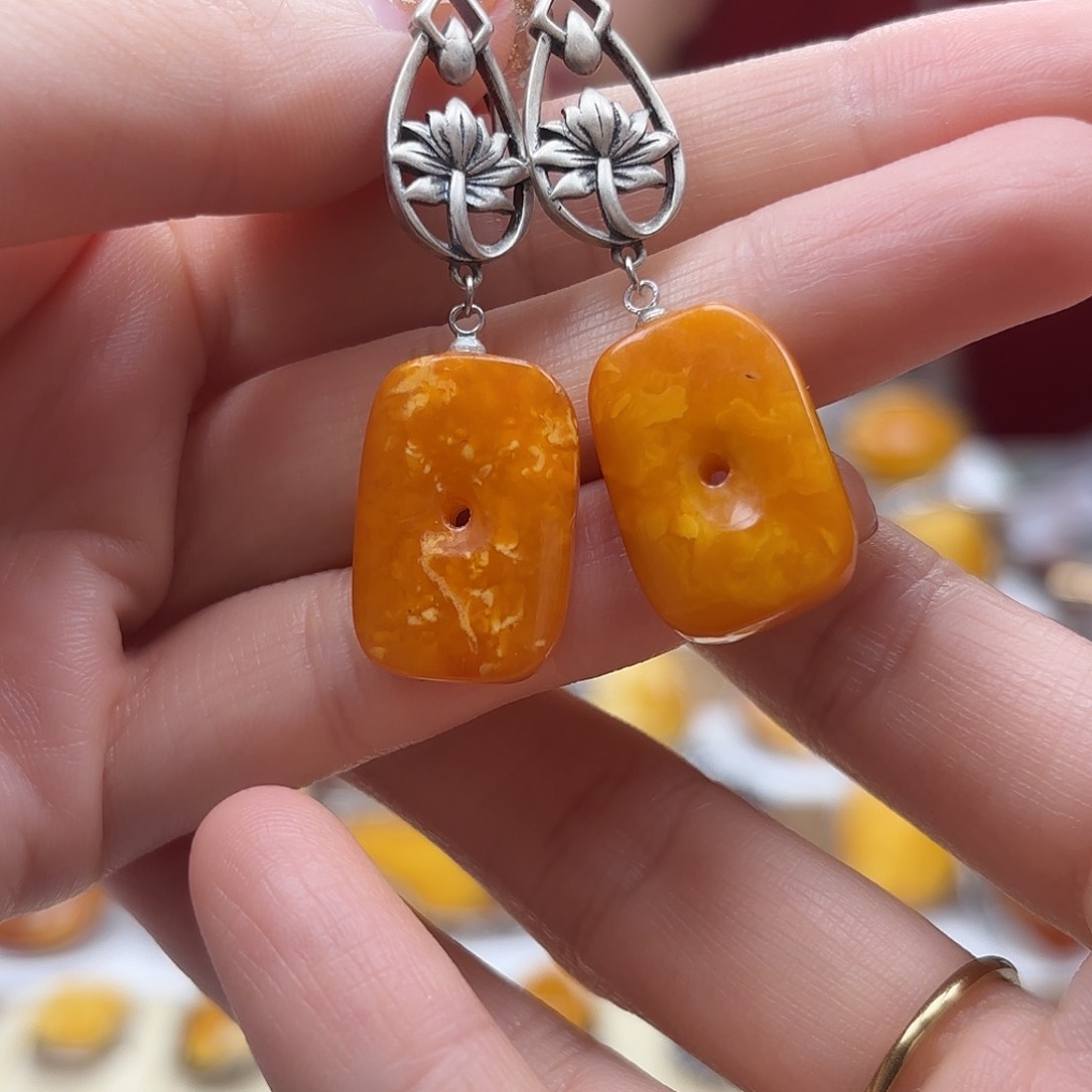 琥珀裸石银S925镶嵌32耳坠