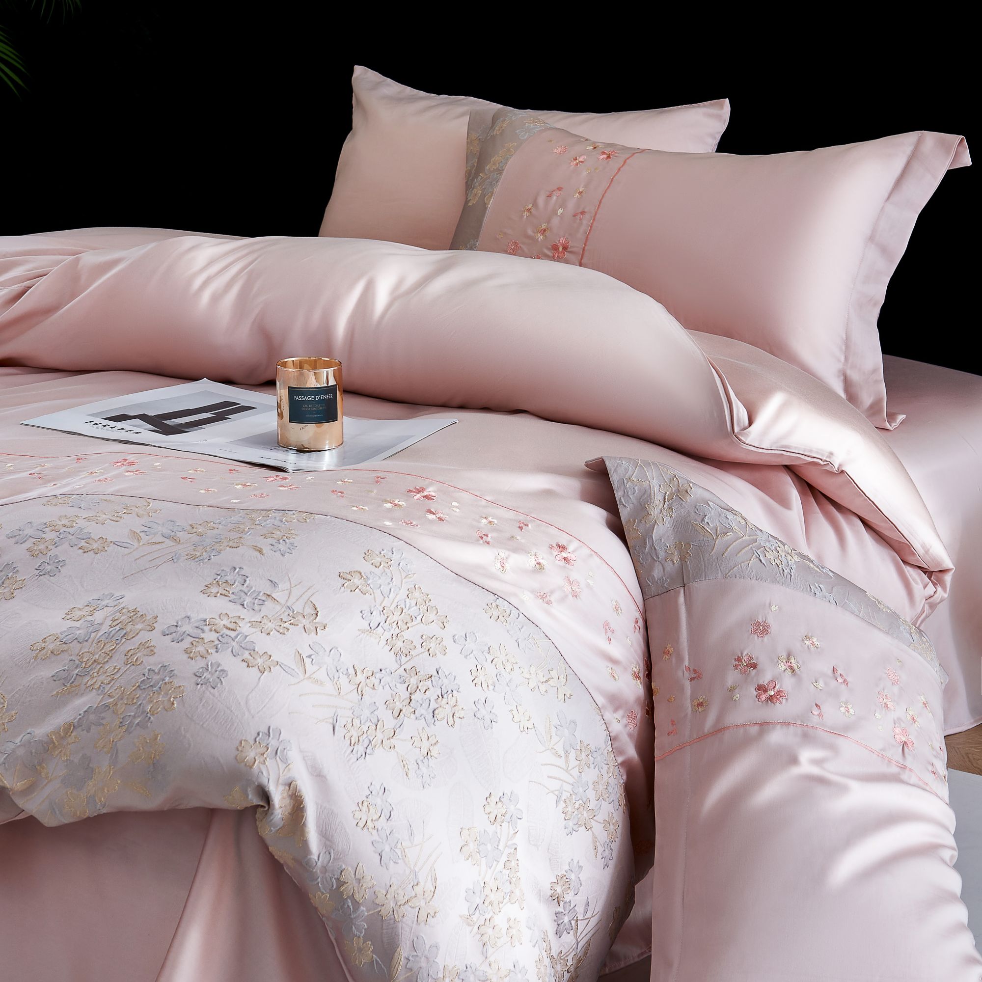 【金志轻奢】浮雕刺绣拼色拼角天丝棉四件套-海棠粉