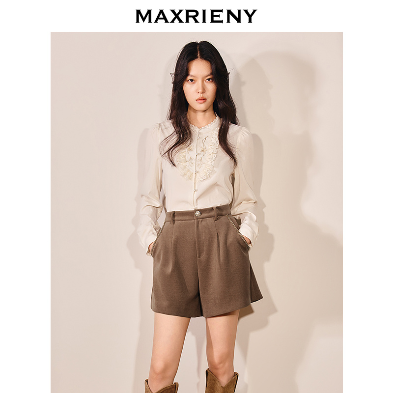 MAXRIENY法式宫廷刺绣蕾丝边衬衫26春款H型长袖上衣立领衬衣女