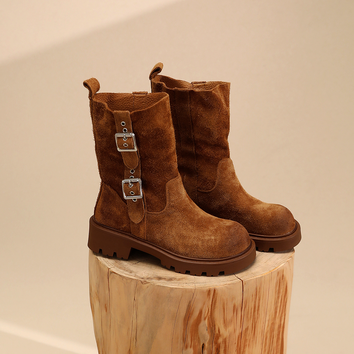 【金夫人】7609-23冬季新款甩头休闲靴百搭金属扣绒皮马丁靴