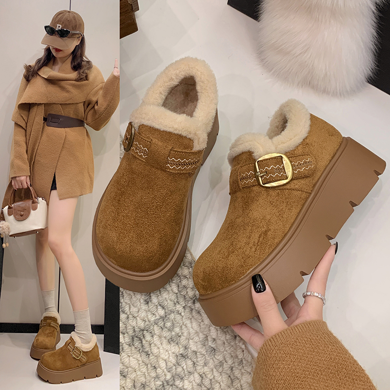 【真皮】5cm厚底加绒勃肯鞋刺绣秋冬一脚蹬棉鞋外穿保暖休闲风2025