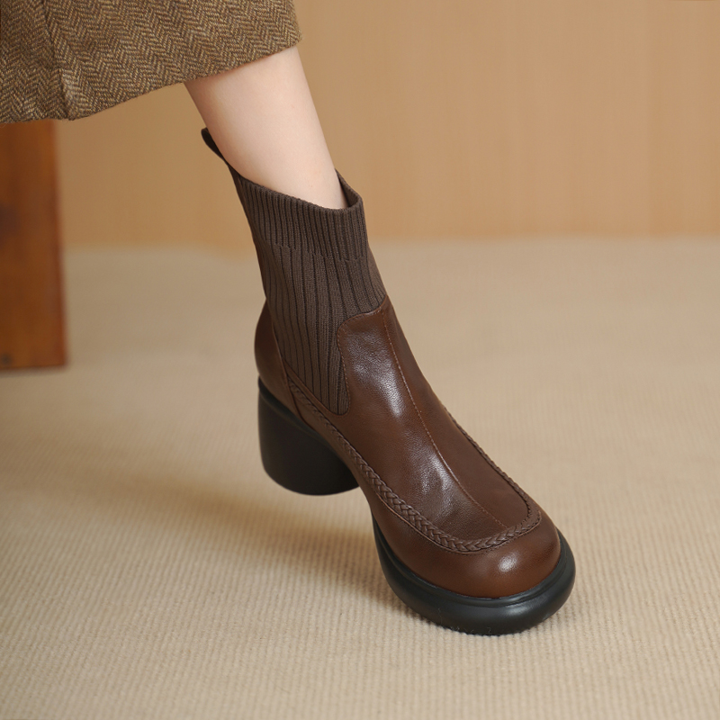 头层小羊皮6.5cm跟圆头一脚蹬短靴百搭舒适耐穿专柜新款手工高定