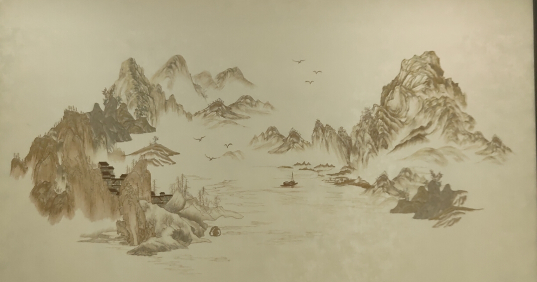 禅意新中式背景独绣富山春居图