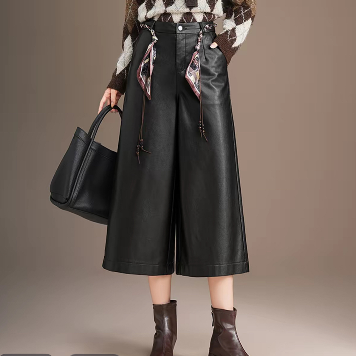 51213#【裤长约82】高腰PU皮阔腿裤女秋冬新款显瘦宽松休闲八分裤