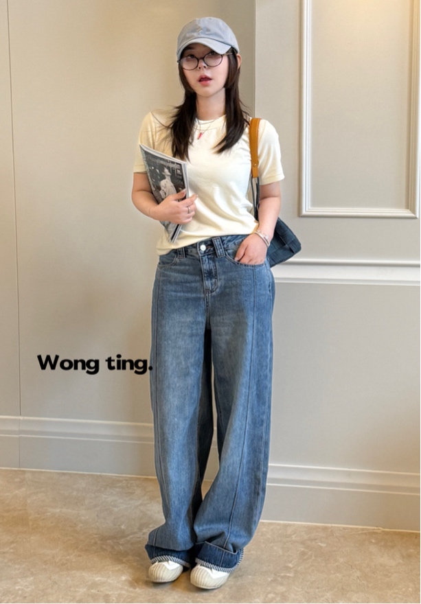 【W_ting】2025新款周末早晨卷边牛仔直筒牛仔裤30215