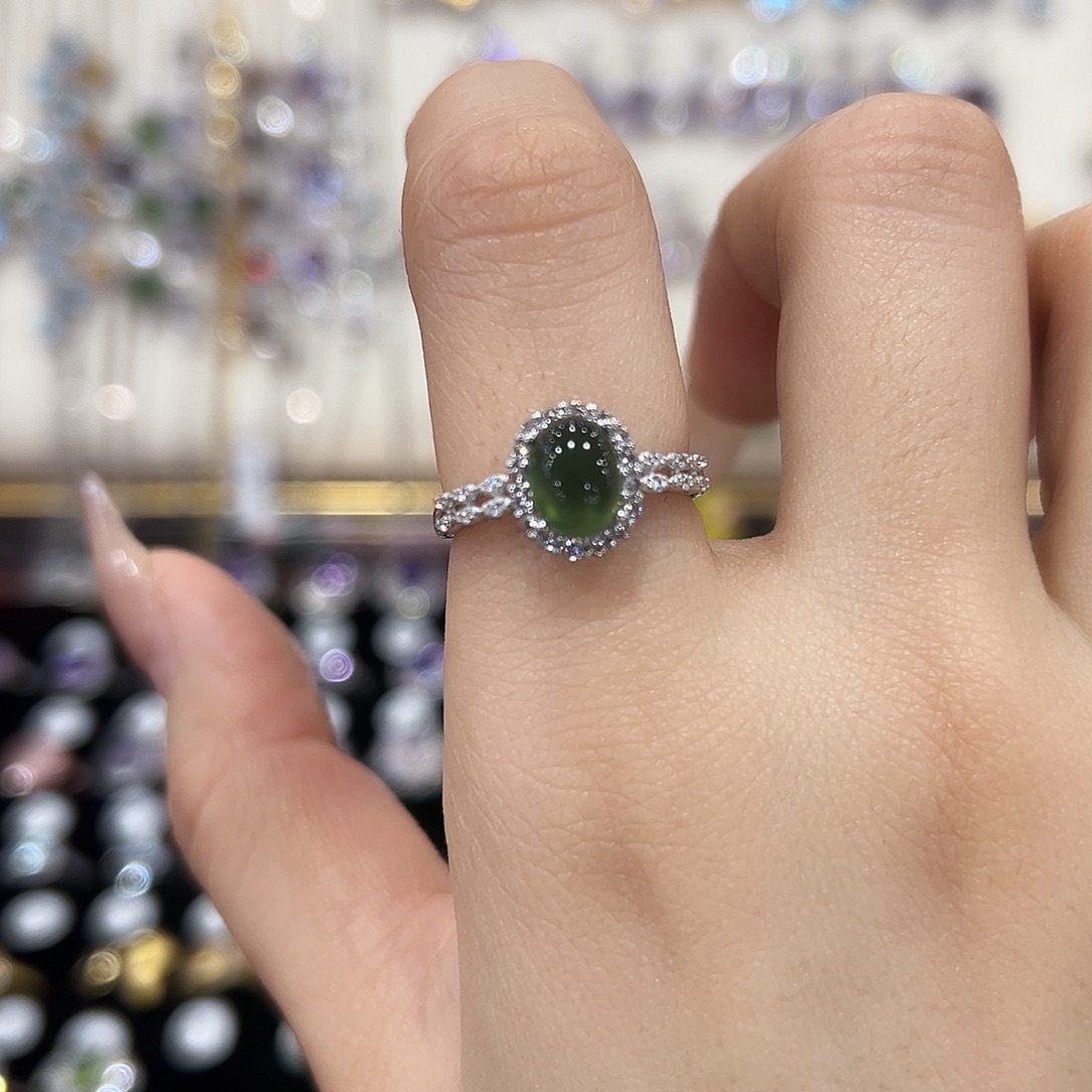 于***I蛇纹石玉银S925镶嵌戒指