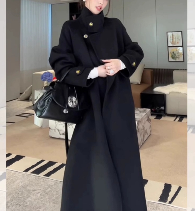 W300-399秋冬女双面毛呢外套红色系带大衣纯色通勤风中长款