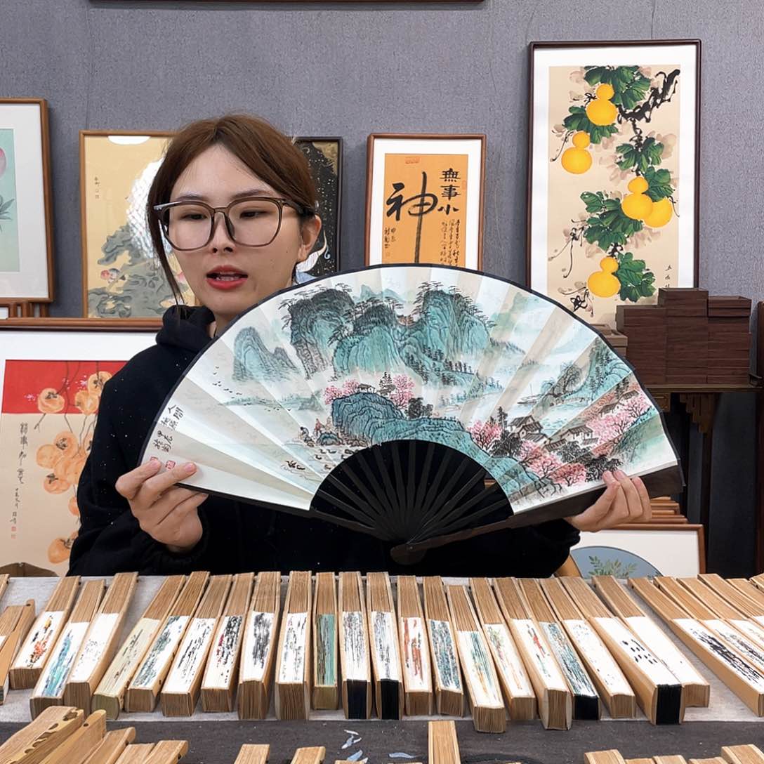 国画10寸黑檀-纯手绘-文玩扇骨（默认粘好）