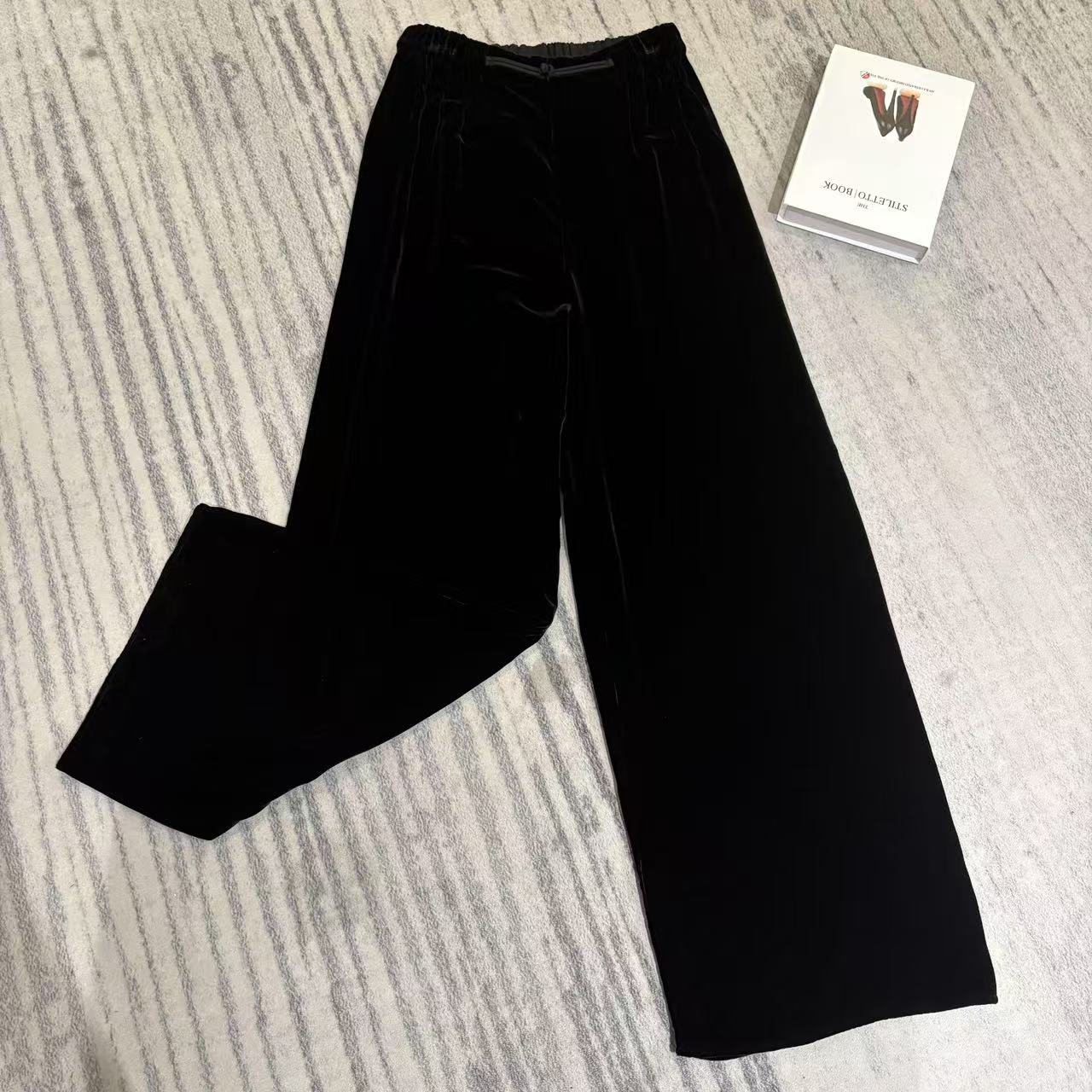 MORELAN2025原创中式丝绒纯色直筒阔腿显瘦松紧腰休闲裤253513